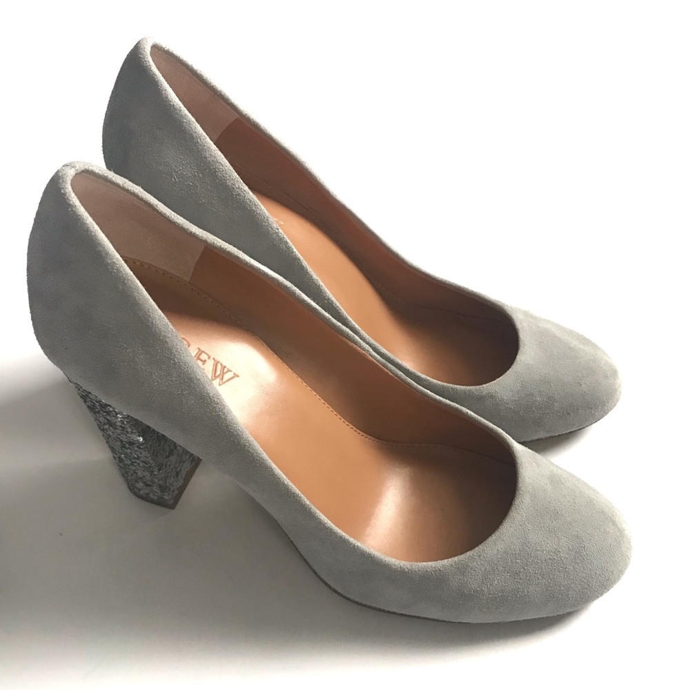 J. Crew Light Gray Suede Heels with Sparkling Silver Block Heel